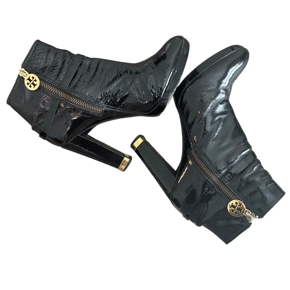 Tory Burch Whitney Booties Black Patent Leather Logo Platform Size 8